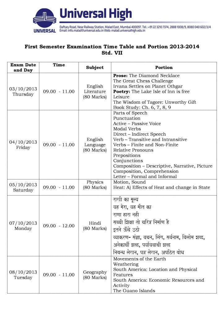 First Semester Examination Time Table and Portion 2013-2014 - VII