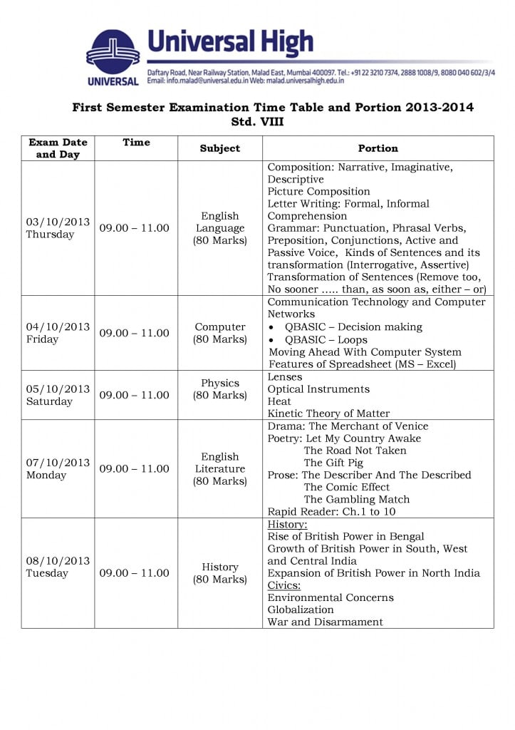 First Semester Examination Time Table and Portion 2013-2014 - VIII