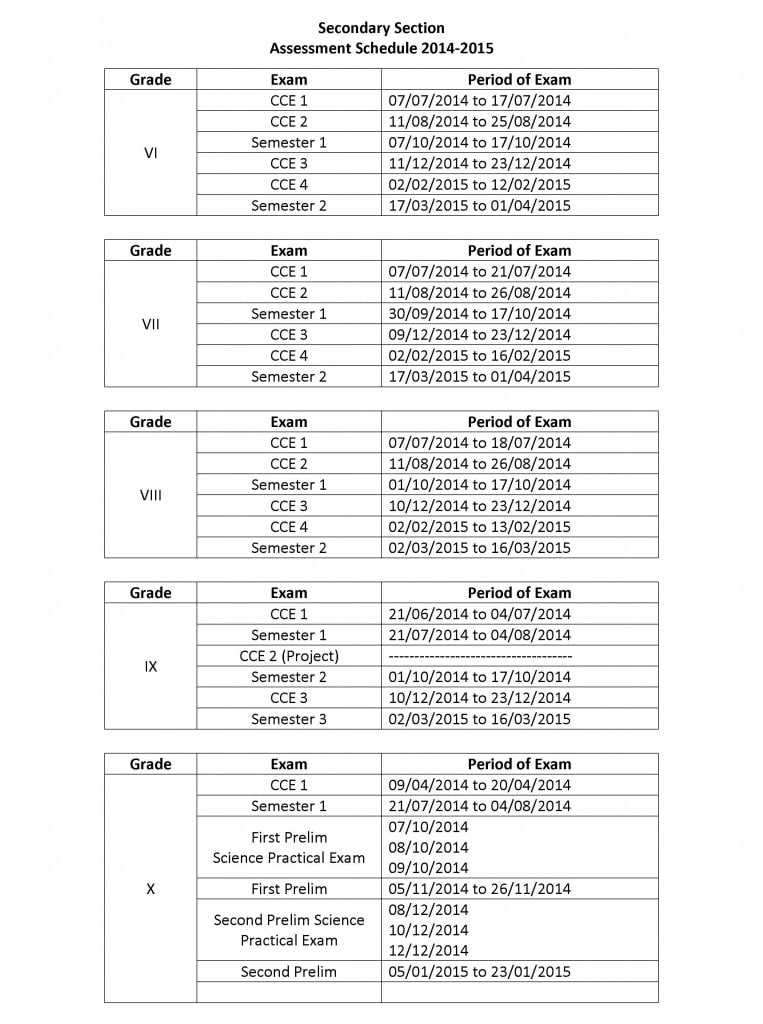 Secondary Section - Assessment Schedule 2014-15