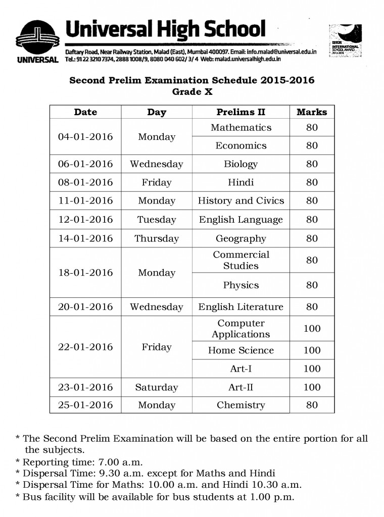 Grade X Prelim - II year 2015-2016 Timetable